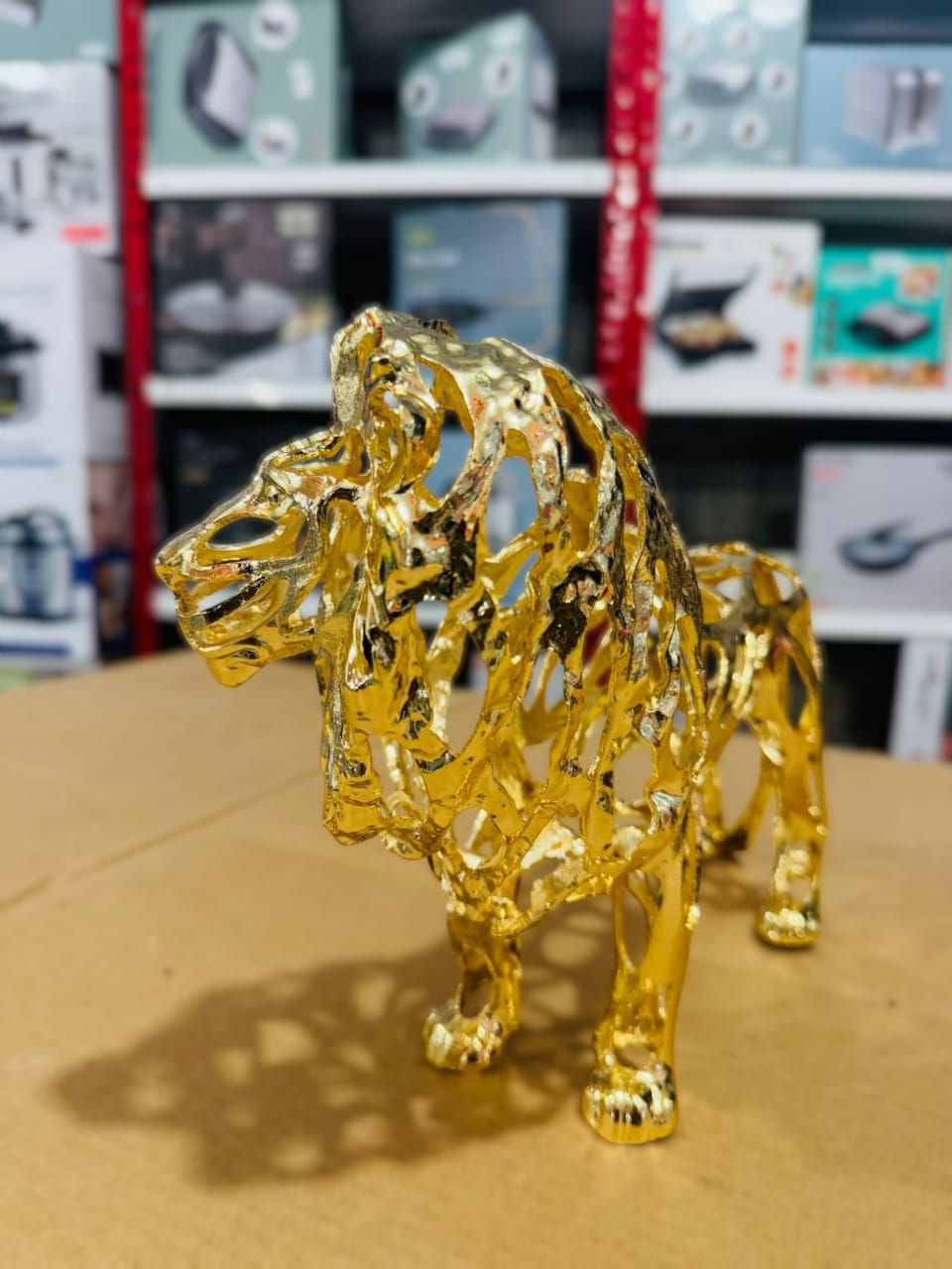 Golden Metal Lion Sculpture Show Piece